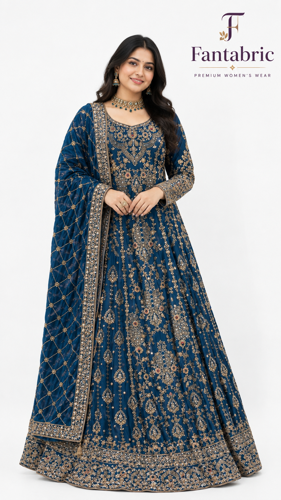 Royal Blue Embroidered Anarkali Suit Set