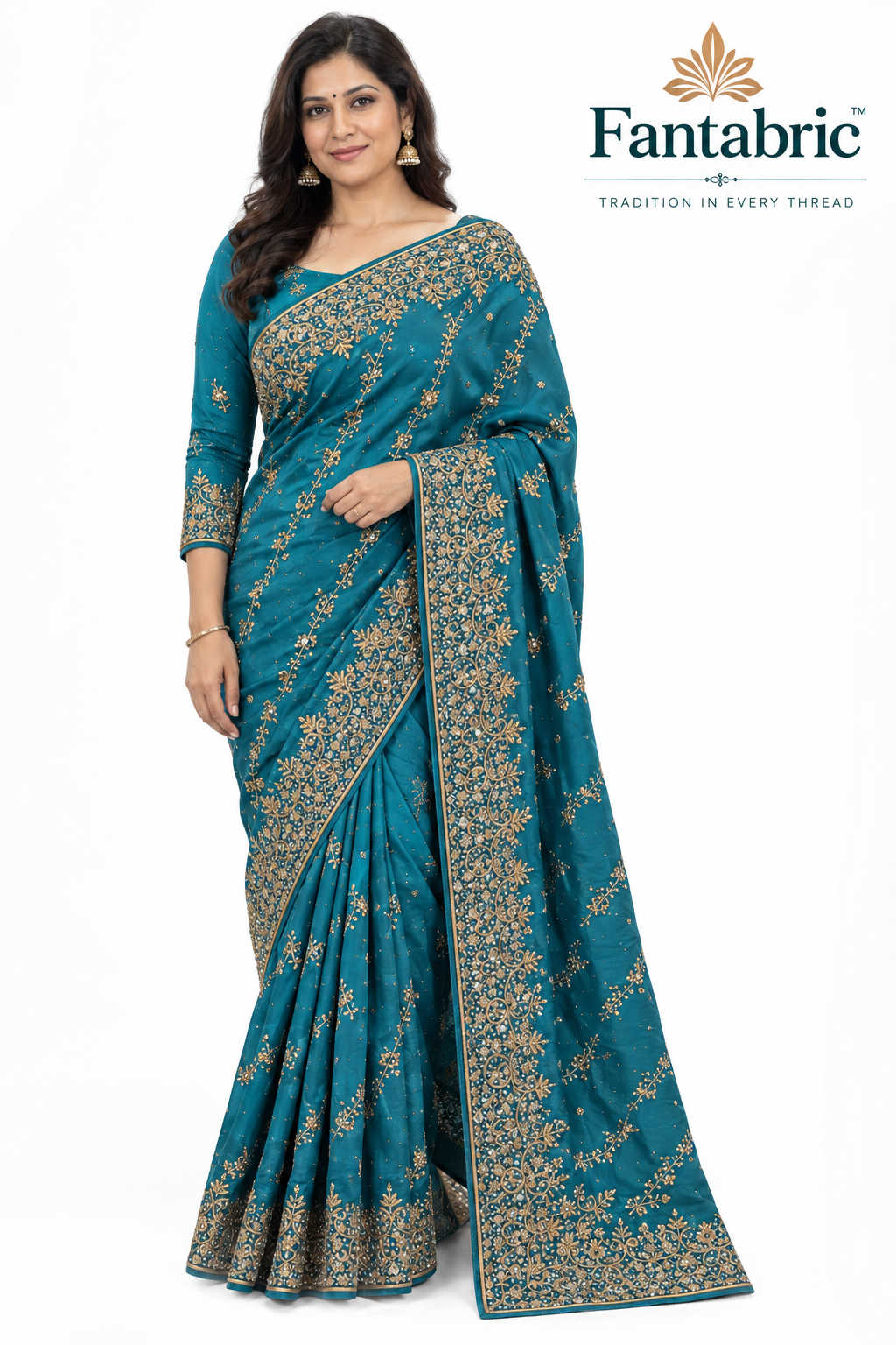 Teal Elegance – Gold Embroidered Designer Saree