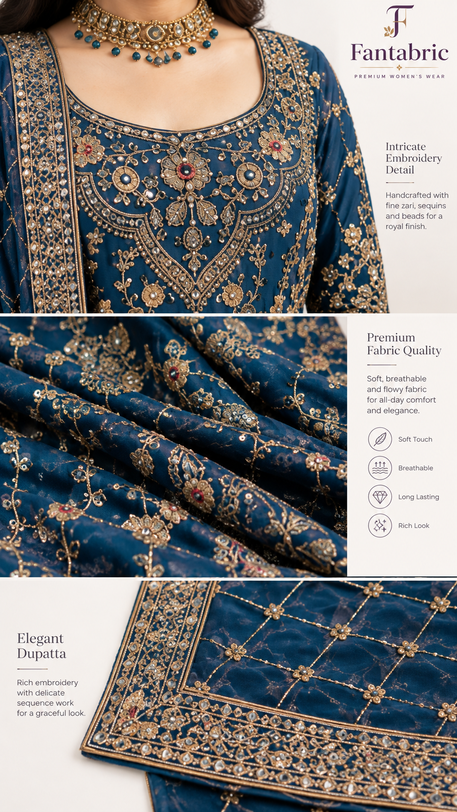 Royal Blue Embroidered Anarkali Suit Set