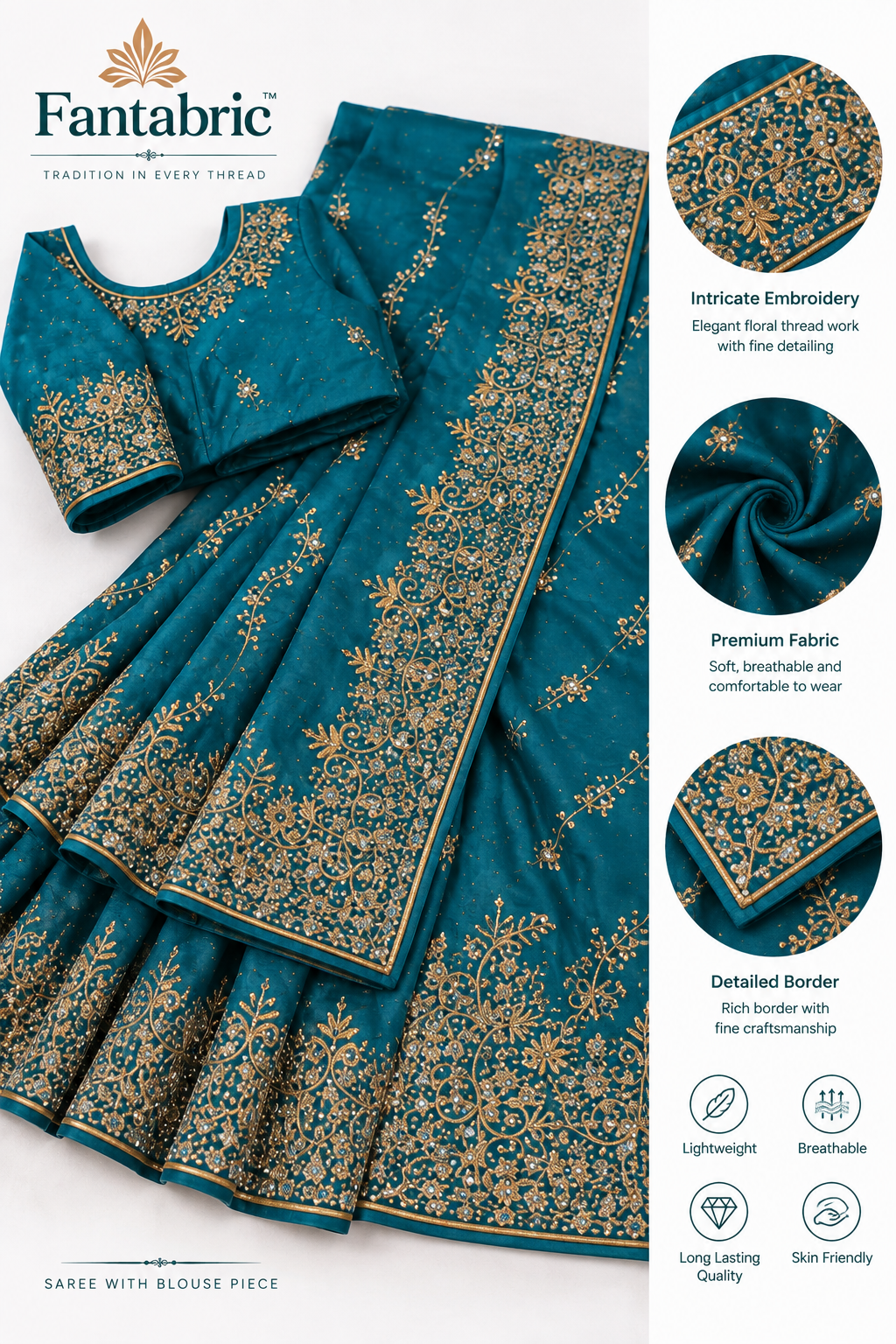 Teal Elegance – Gold Embroidered Designer Saree