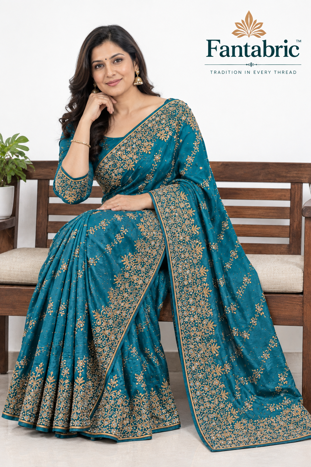 Teal Elegance – Gold Embroidered Designer Saree